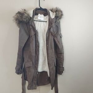 Hei Hei Anthropologie Women's Fur Hood Coat Brown Belted Brunswick Anorak Size M
